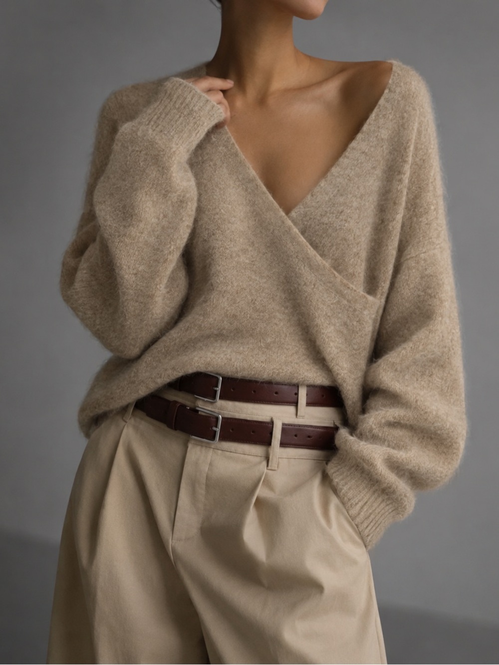 Babaton Bandini Wrap V-Neck Alpaca Blend Sweater - Beige